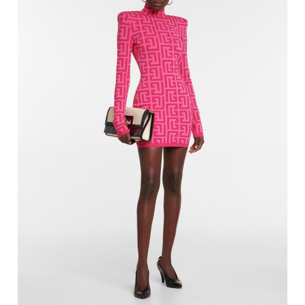 Balmain X Barbie Jacquard Mini Dress Monogram Knit Pink Wool Blend 36